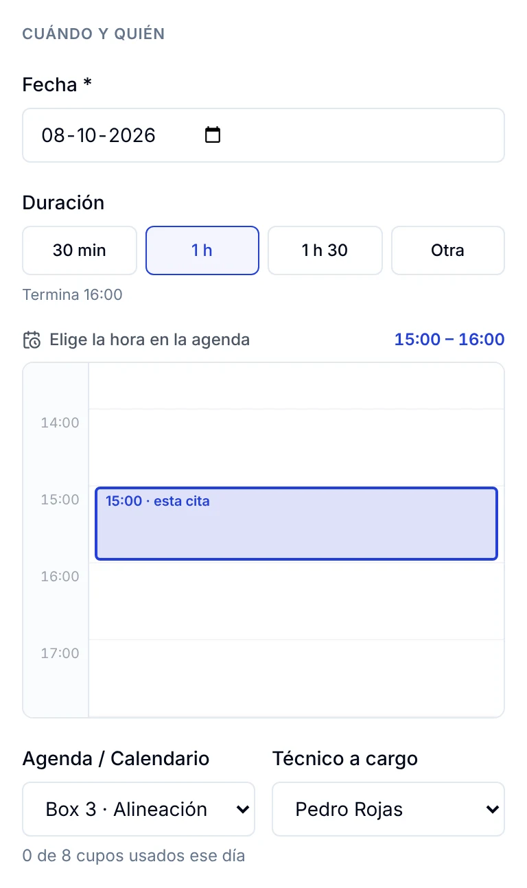 Sección Cuándo y quién de la cita con la nueva fecha y la nueva hora ya elegidas