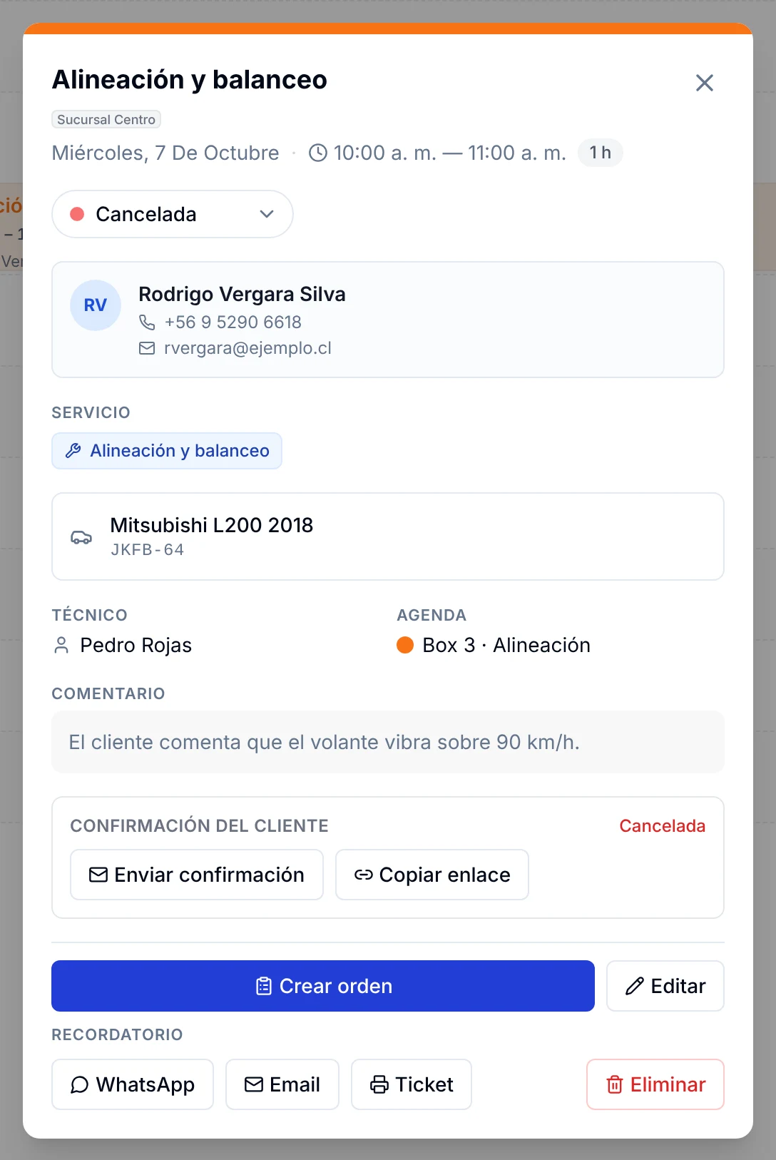 Detalle de la cita con el estado cambiado a Cancelada