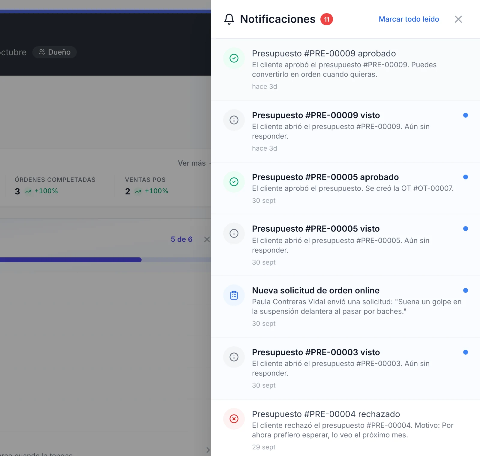 Panel de Notificaciones con presupuestos vistos, aprobados y rechazados por los clientes y una nueva solicitud de orden online