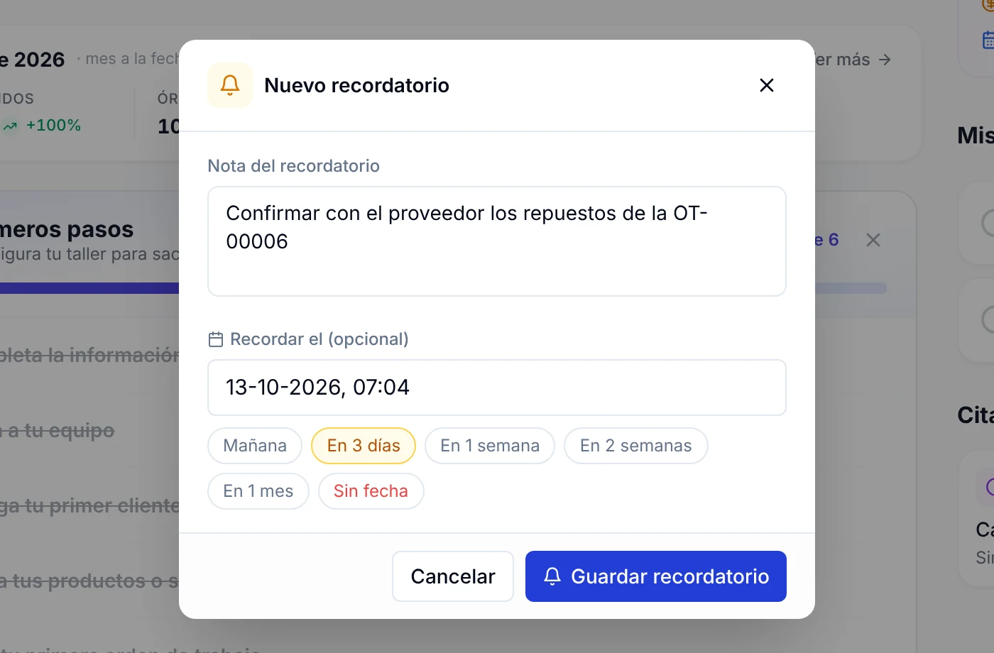 Ventana Nuevo recordatorio con la nota escrita, la fecha elegida con el atajo En 3 días y el botón Guardar recordatorio