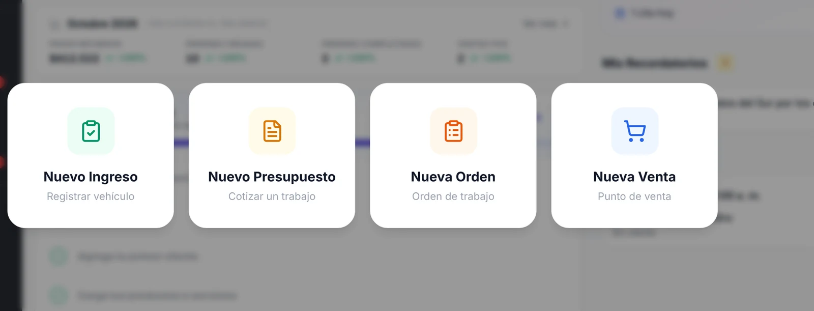 Menú del botón más con las opciones Nuevo Ingreso, Nuevo Presupuesto, Nueva Orden y Nueva Venta