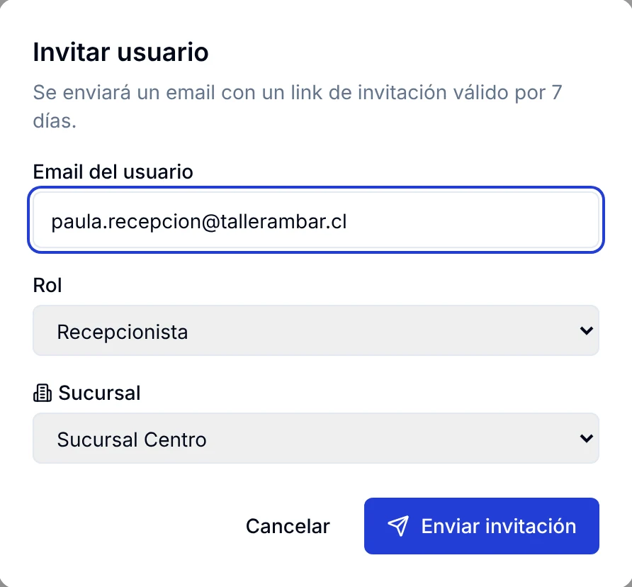 Ventana Invitar usuario: correo, rol Recepcionista y sucursal