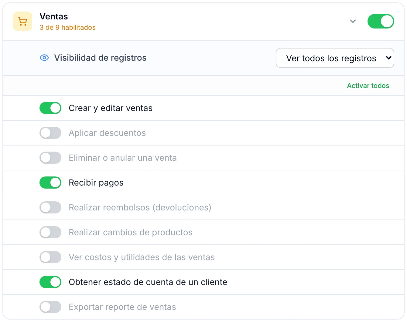 Permisos del rol Recepcionista en Ventas: cobra, pero no descuenta ni anula