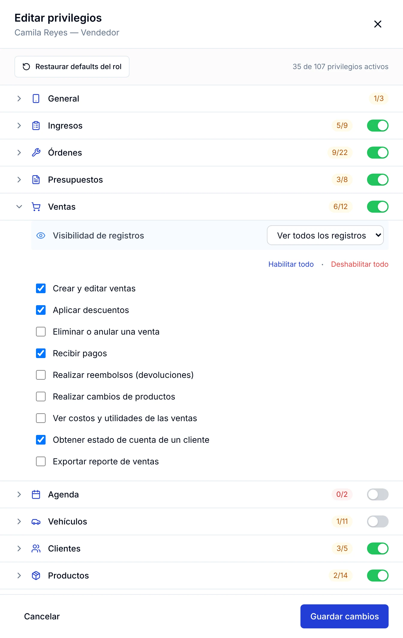 Panel Editar privilegios de una vendedora, con las casillas del módulo Ventas