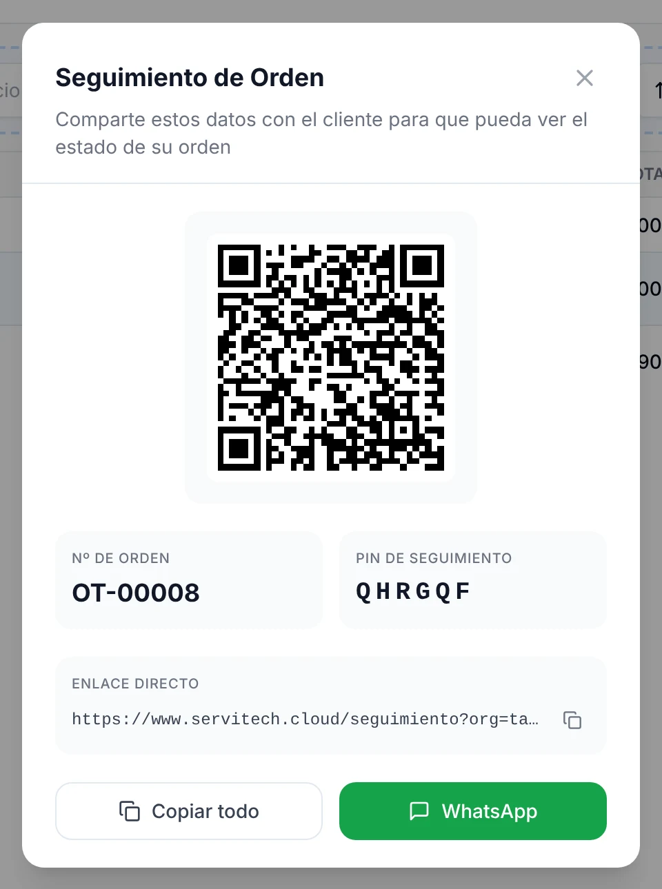 Ventana Seguimiento de Orden con el código QR, el número de orden, el PIN de seguimiento y el enlace directo para compartir con el cliente