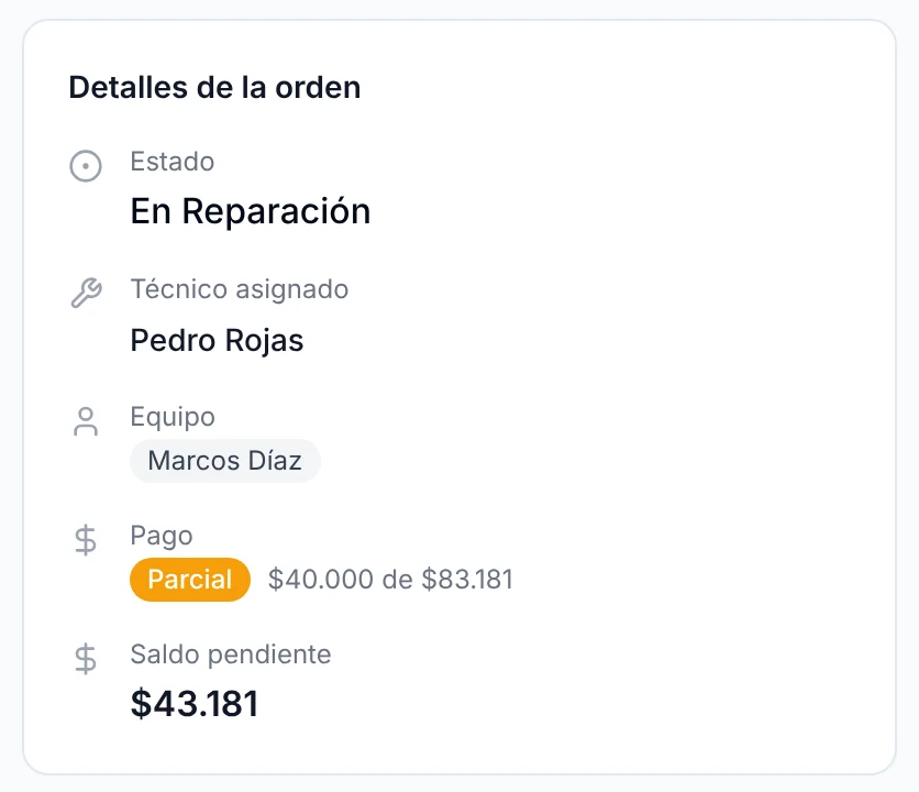 Detalles de la orden en la página de seguimiento: estado En Reparación, técnico asignado, pago parcial de 40.000 y saldo pendiente de 43.181