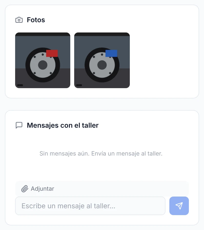 Fotos de la reparación y mensajes con el taller en la página de seguimiento que ve el cliente