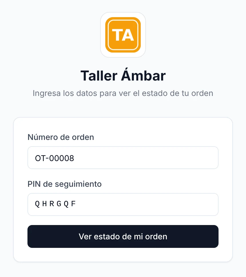 Formulario para consultar el estado de la orden con el número de orden y el PIN de seguimiento