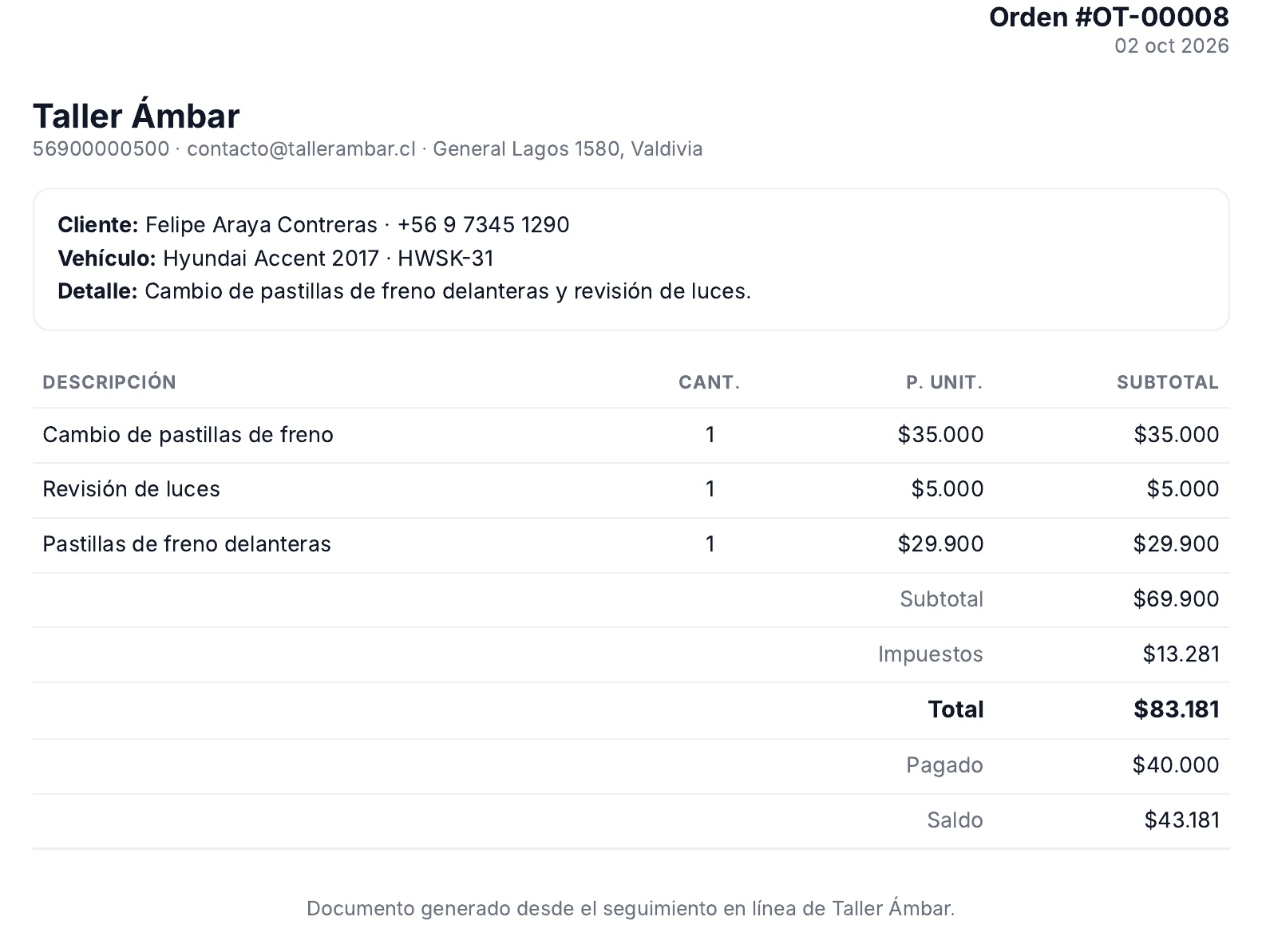 Recibo en PDF descargado desde el seguimiento en línea, con los servicios, el total, lo pagado y el saldo