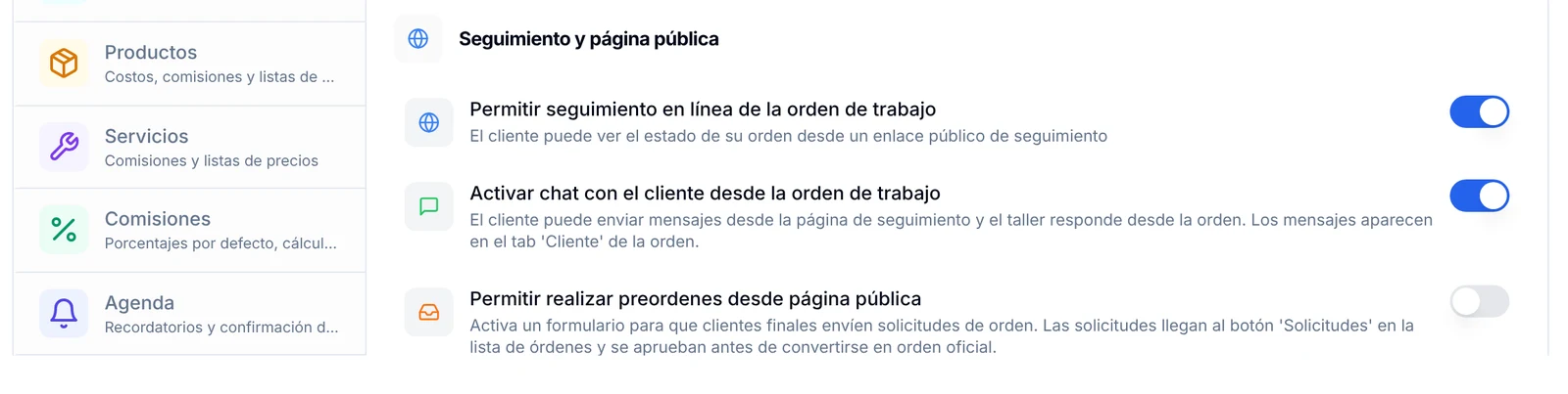 Sección Seguimiento y página pública en Personalización, con el interruptor Permitir realizar preordenes desde página pública