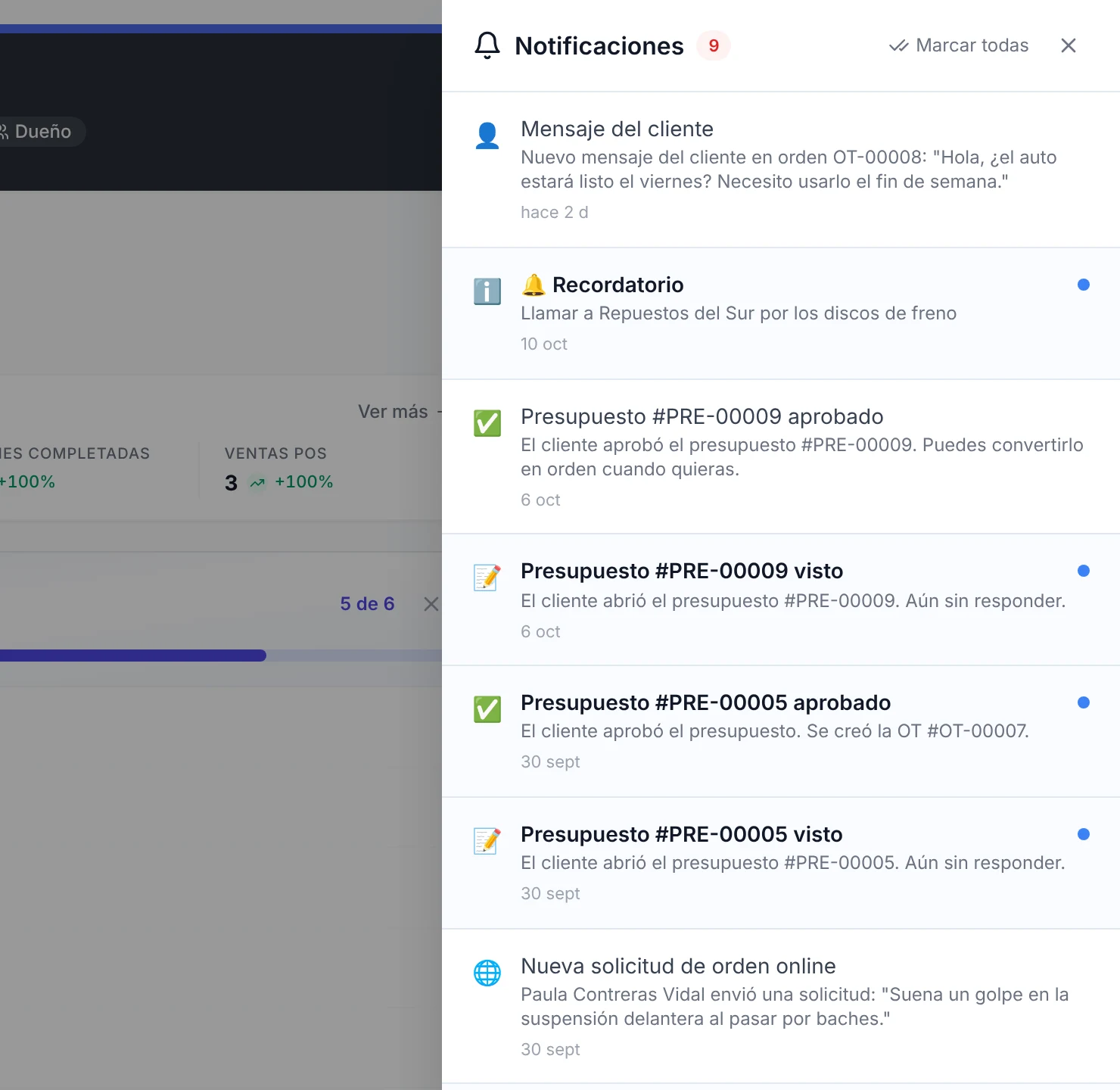 Panel de notificaciones con el aviso Nueva solicitud de orden online de Paula Contreras Vidal