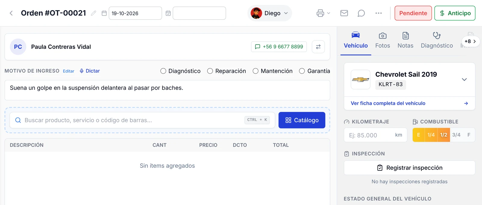 Orden OT-00021 creada desde la solicitud, con el cliente, el motivo de ingreso, el vehículo y el técnico Diego