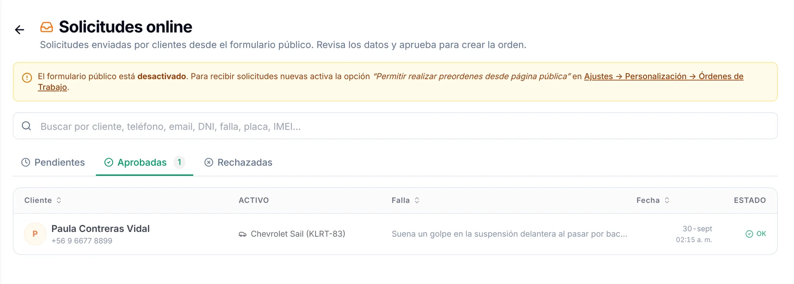 Pestaña Aprobadas de Solicitudes online con la solicitud de Paula Contreras Vidal en estado OK
