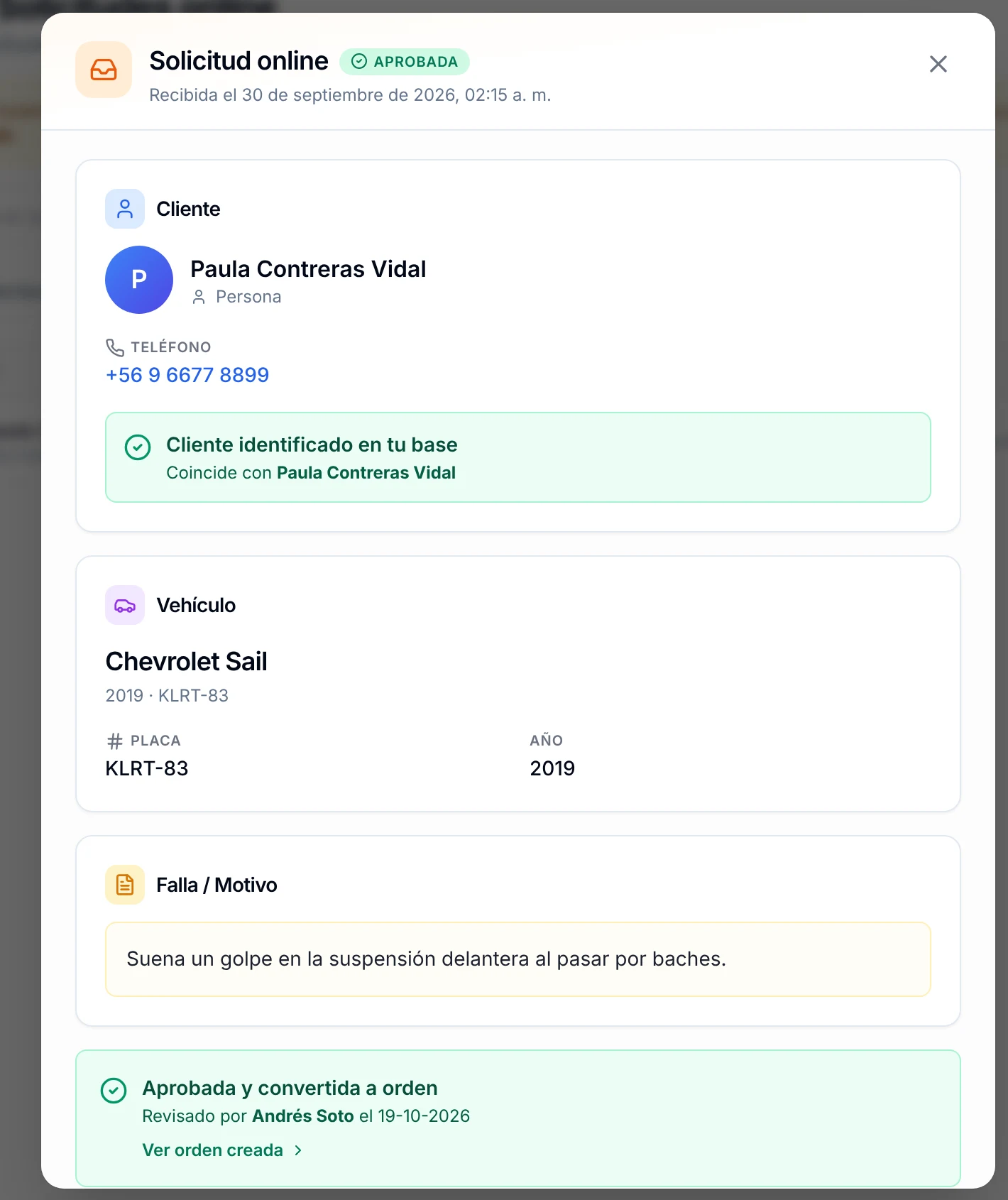 Ficha de una solicitud aprobada con el aviso Cliente identificado en tu base y el enlace Ver orden creada
