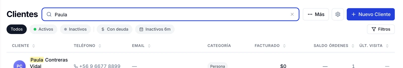Lista de Clientes filtrada por Paula, con su teléfono, la categoría Persona y una orden