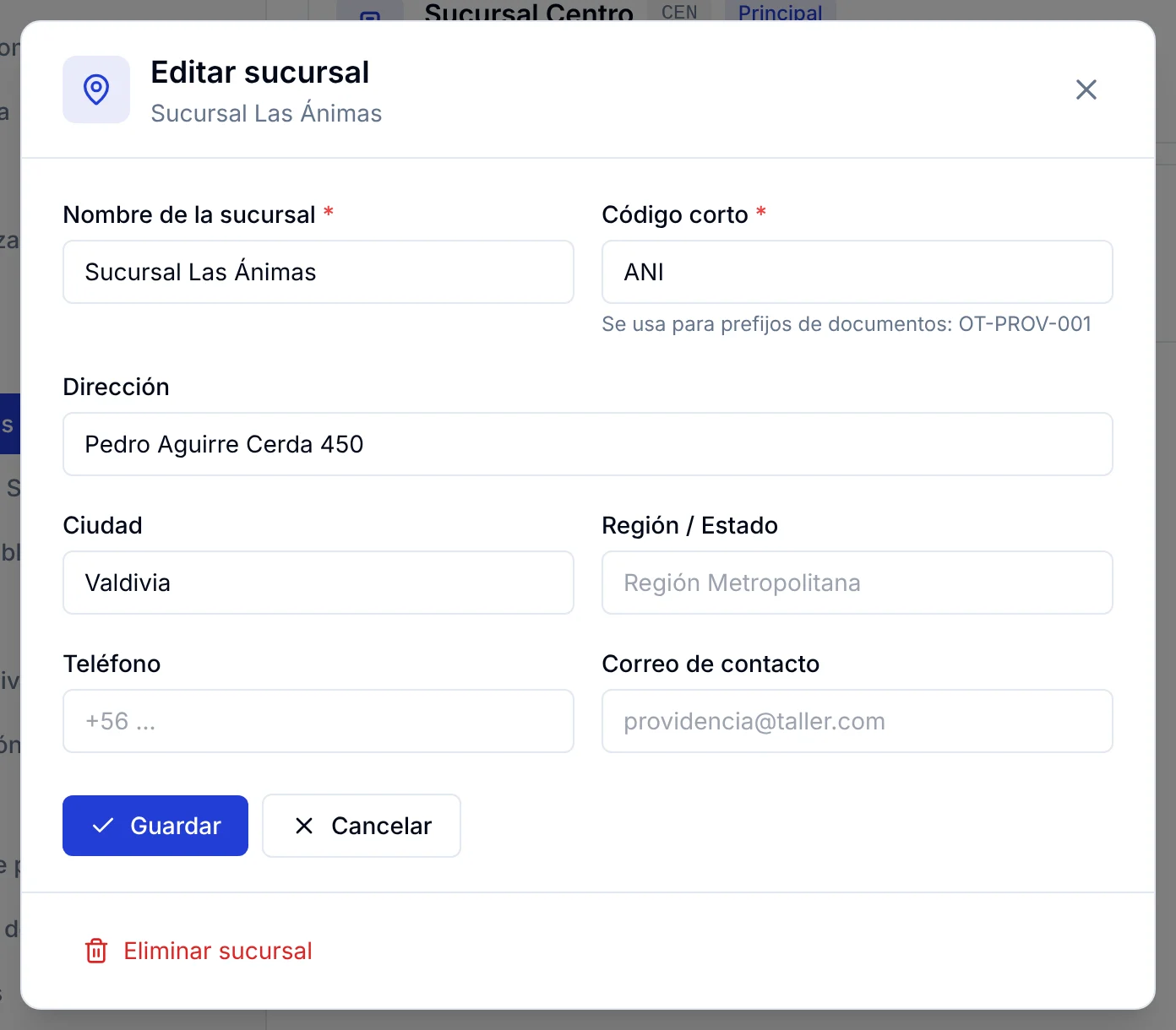 Ventana Editar sucursal de Sucursal Las Ánimas con sus datos, los botones Guardar y Cancelar y el enlace rojo Eliminar sucursal