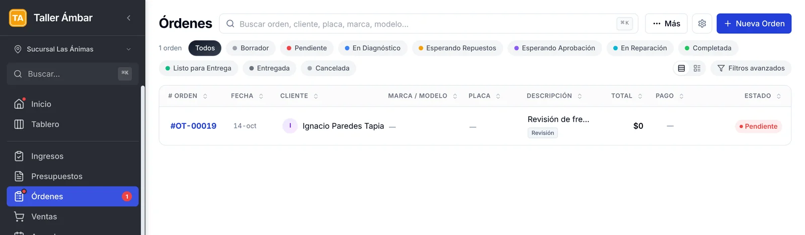 Lista de Órdenes con la Sucursal Las Ánimas activa: 1 orden, la OT-00019