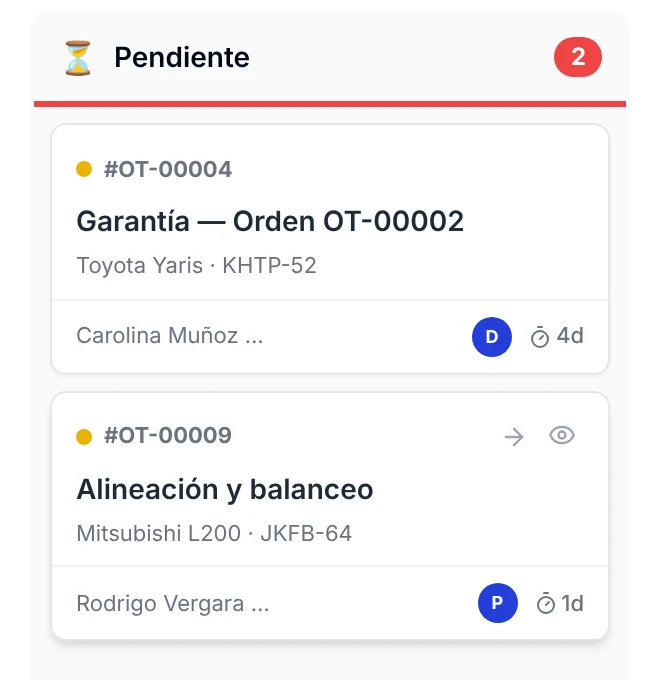 Tarjeta de una orden con la flecha Mover al siguiente estado y el icono de ojo