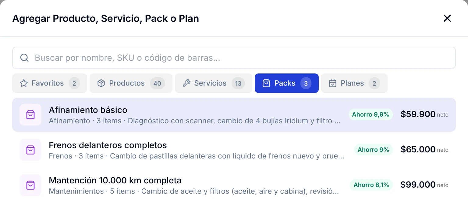 Catálogo del presupuesto con la pestaña Packs: afinamiento básico, frenos delanteros completos y mantención de 10.000 km completa con su ahorro