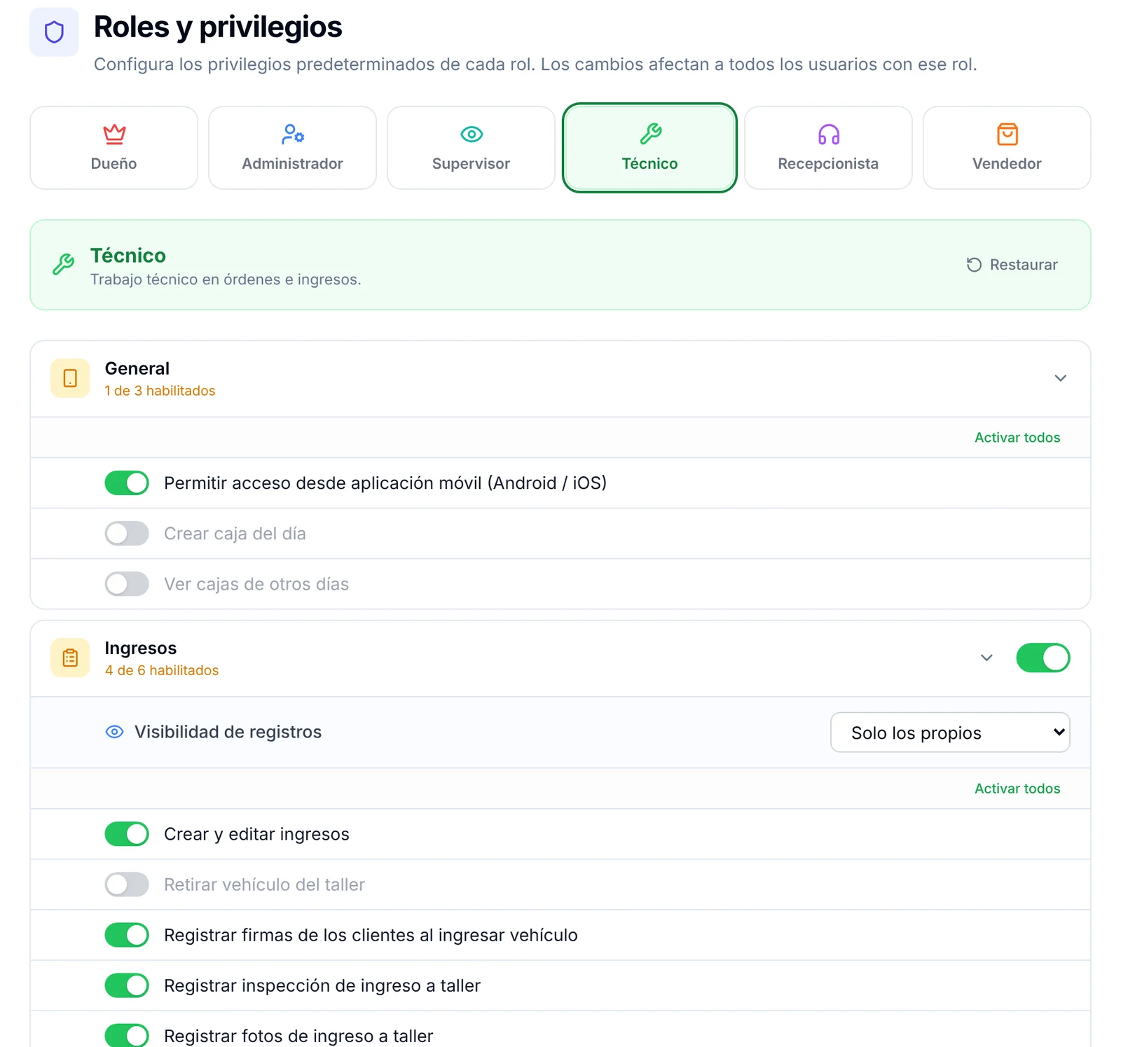 Pantalla Roles y privilegios con el rol Técnico seleccionado y sus privilegios de Ingresos