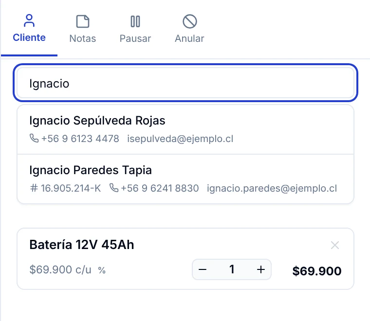 Buscador de cliente del carrito con un resultado que muestra nombre, RUT, teléfono y correo