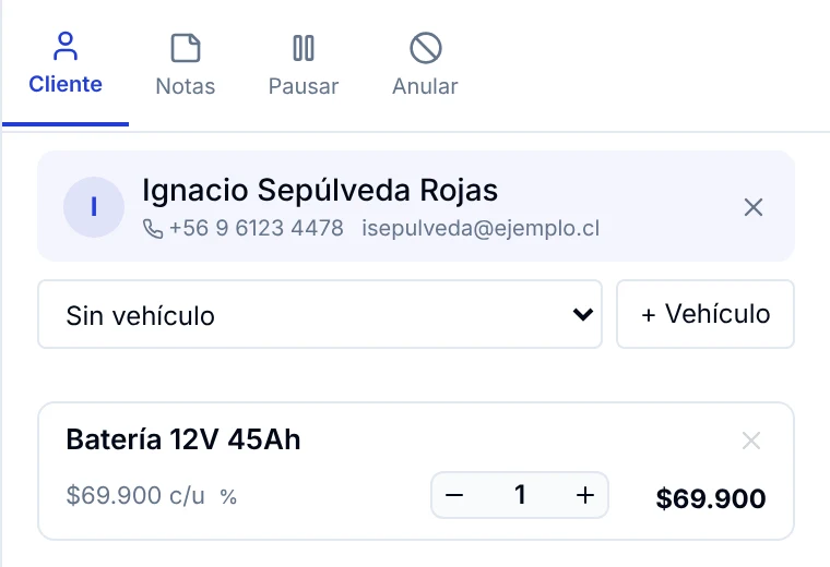 Carrito con el cliente ya asignado a la venta, su teléfono y su correo