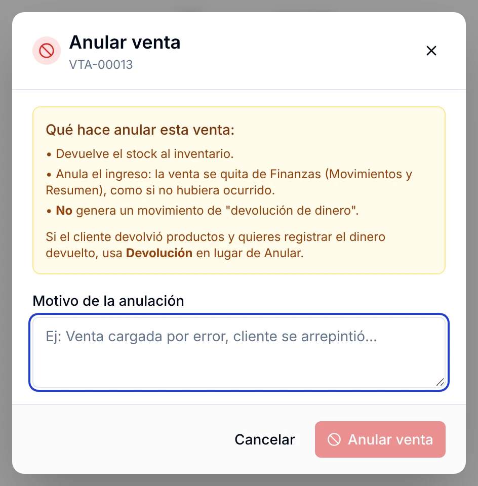 Ventana Anular venta con la explicación de lo que hace la anulación y el campo para el motivo