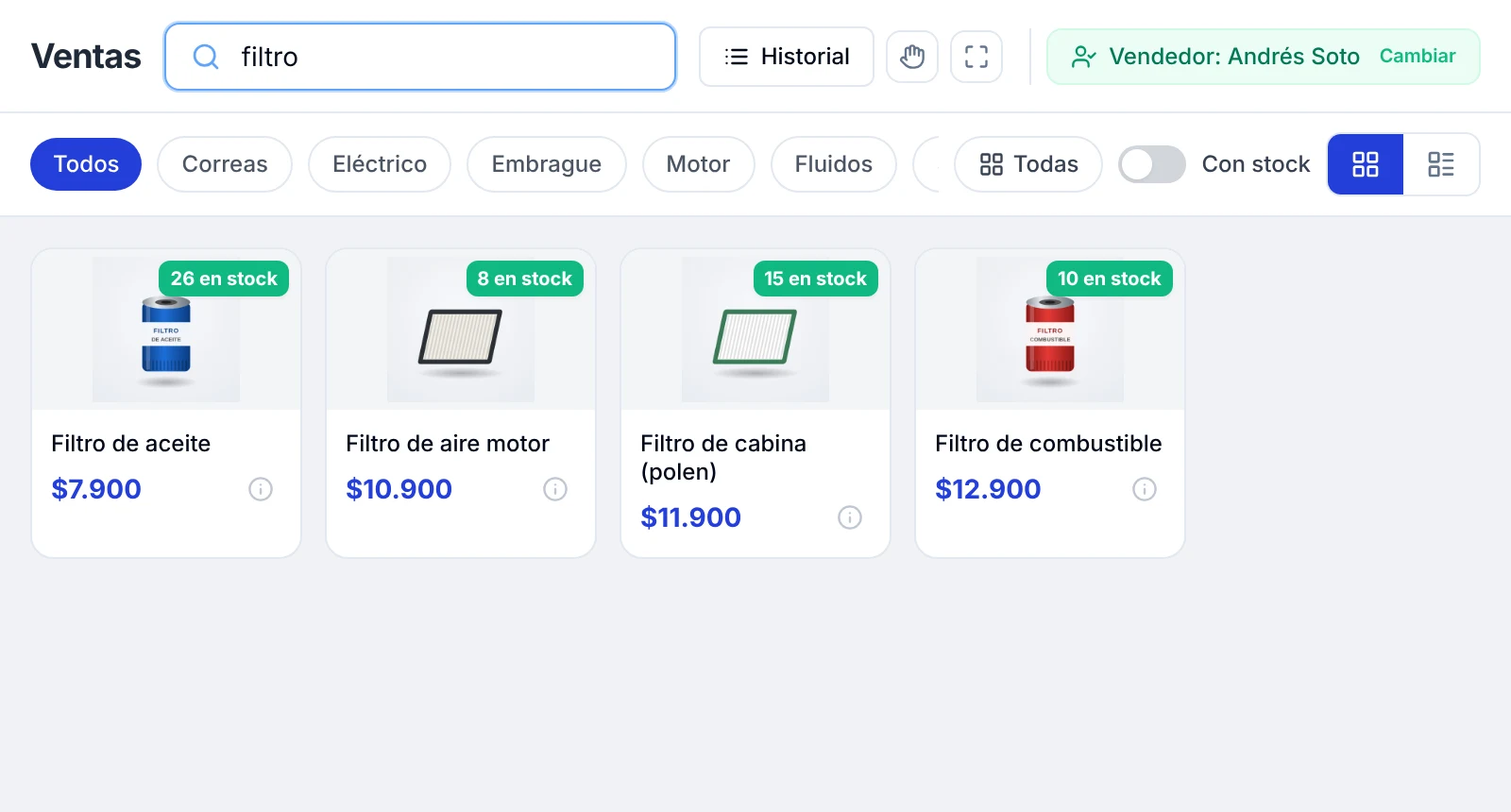 Buscador de Ventas con la palabra filtro escrita y los cuatro productos que coinciden