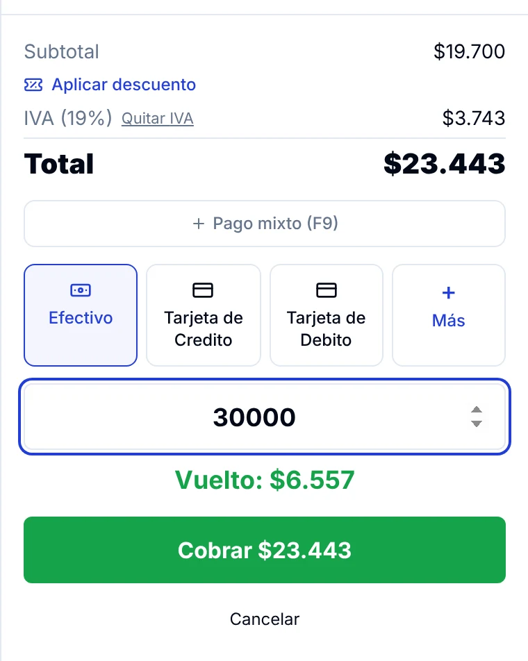 Panel de cobro con Efectivo seleccionado, 30.000 pesos recibidos y vuelto de 6.557 pesos