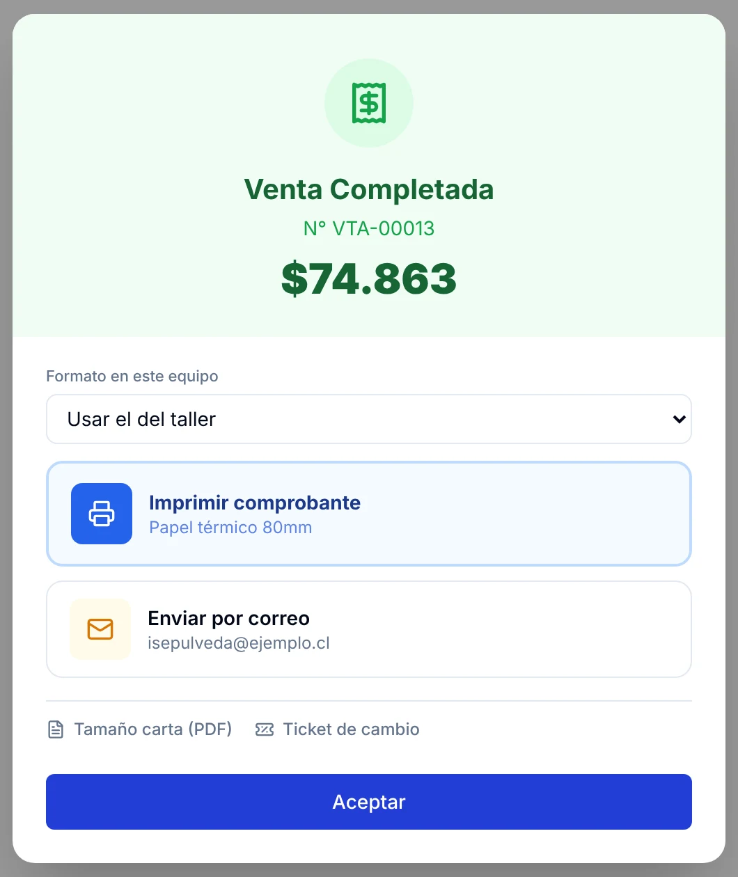 Ventana Venta Completada con el número de venta, el total y las opciones Imprimir comprobante y Enviar por correo