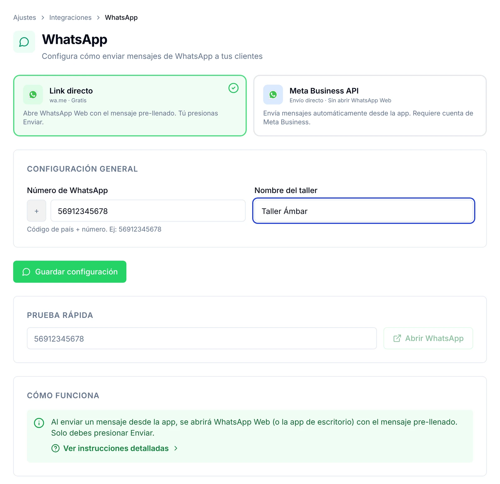 Pantalla Ajustes, WhatsApp con los modos Link directo y Meta Business API, el número del taller y el botón Guardar configuración
