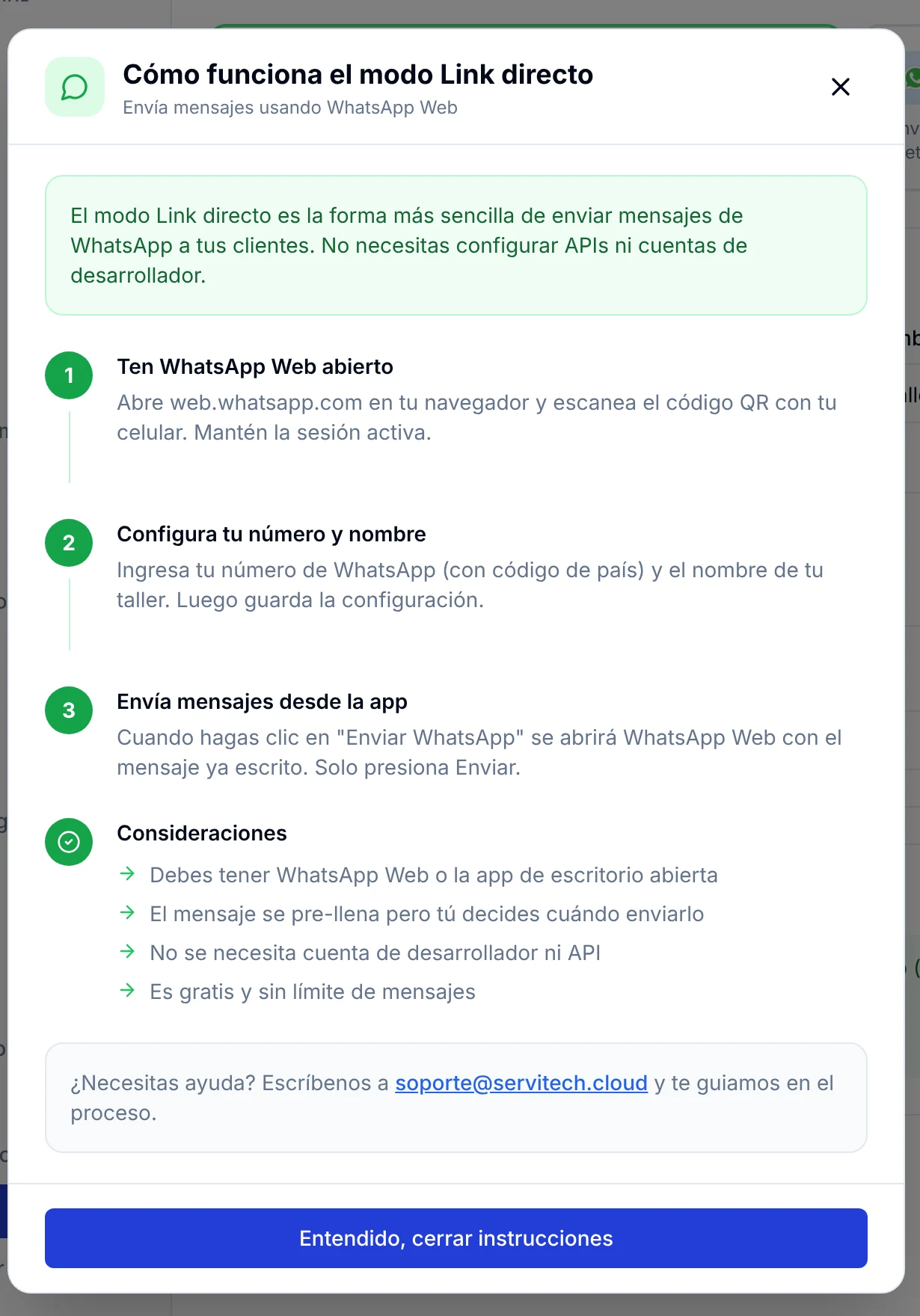 Ventana Cómo funciona el modo Link directo con los tres pasos y las consideraciones