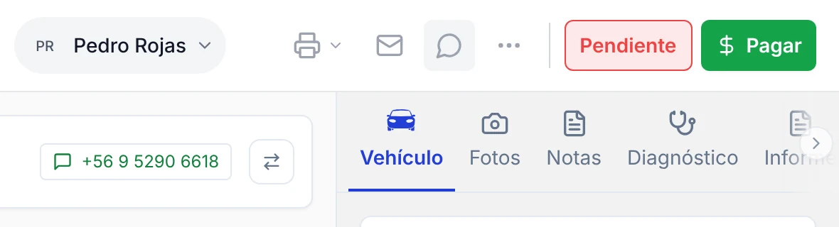 Barra superior de una orden de trabajo con el icono Enviar por WhatsApp junto al de correo