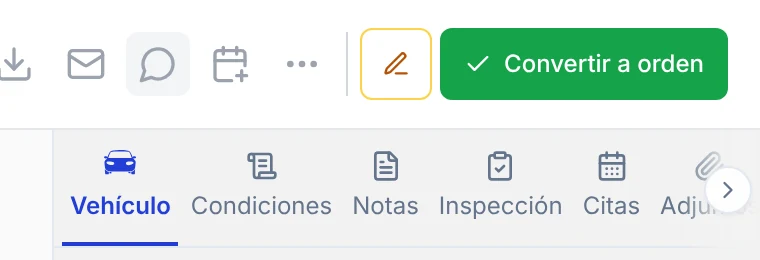 Barra superior de un presupuesto con el icono Enviar por WhatsApp