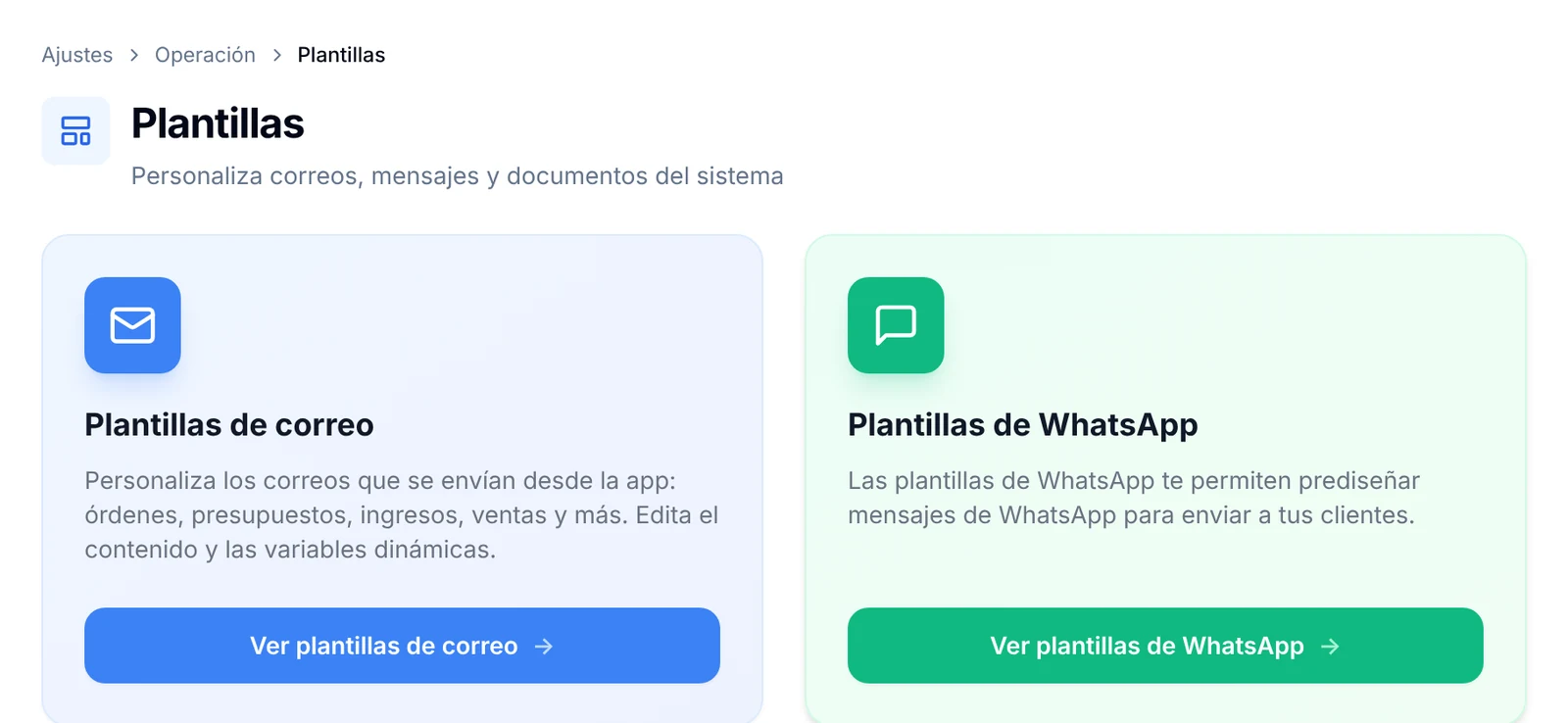 Pantalla Plantillas con las tarjetas Plantillas de correo y Plantillas de WhatsApp