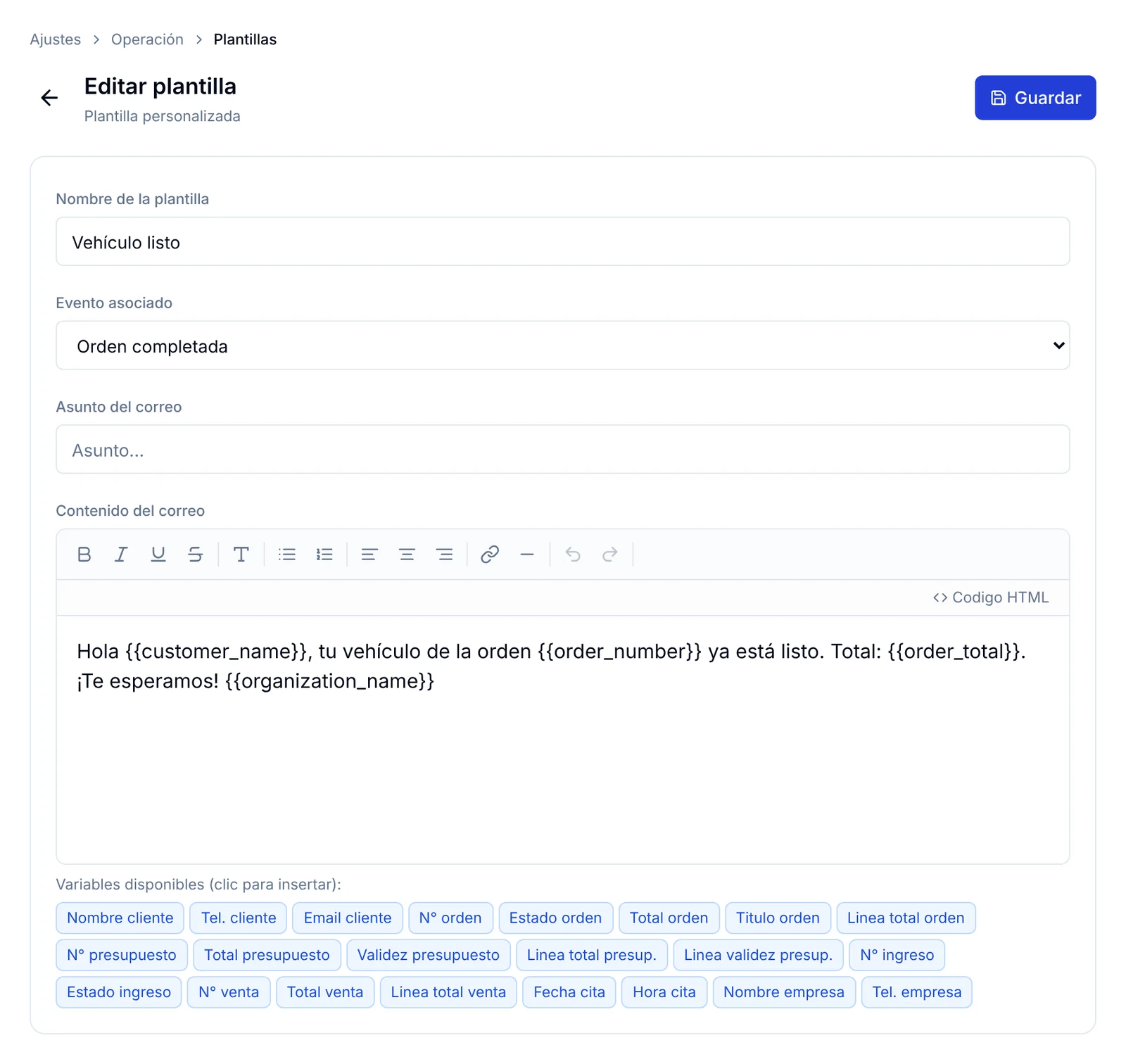 Formulario Editar plantilla con el nombre, el evento asociado, el contenido del mensaje y las variables disponibles