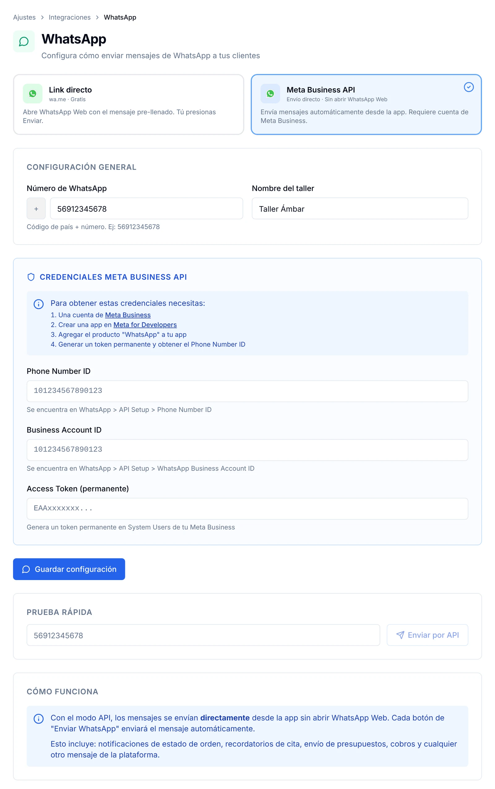 Modo Meta Business API con los campos Phone Number ID, Business Account ID y Access Token